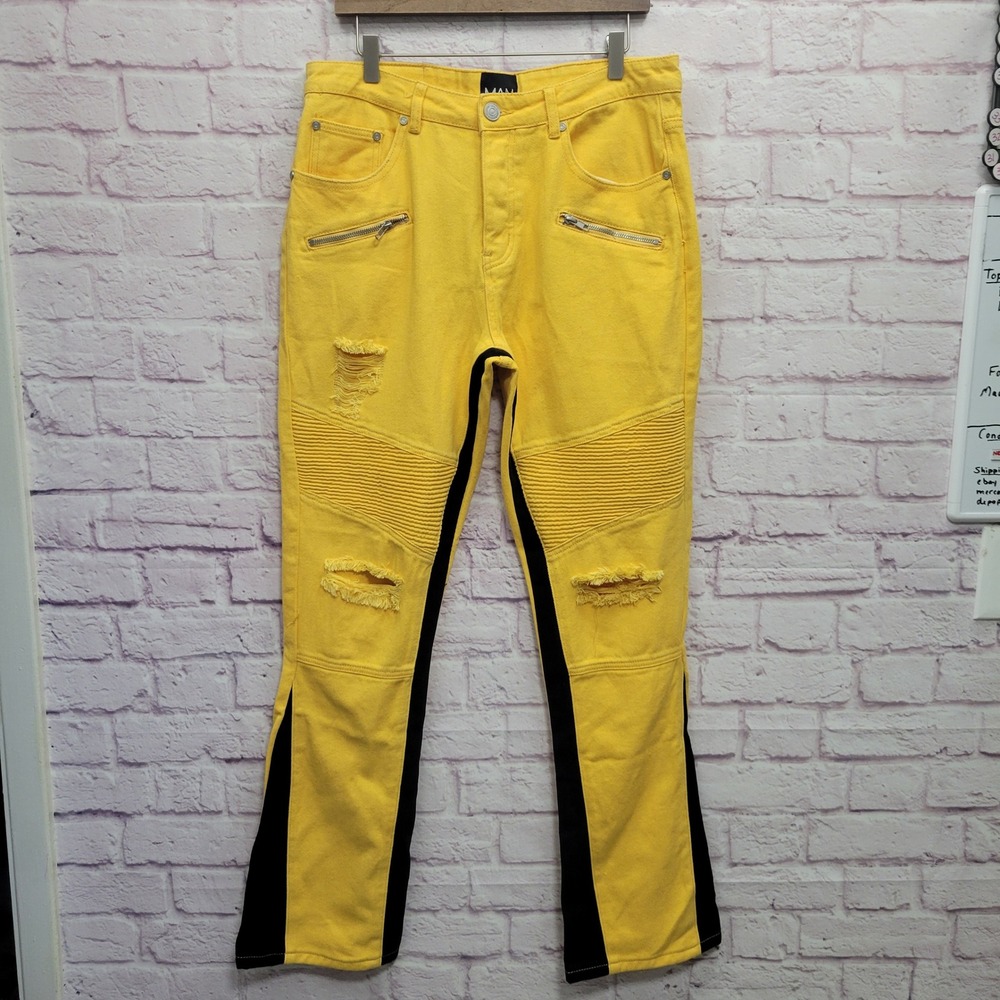 NEW Boohooman Yellow Biker Jeans Mens 34 Distressed Moto Y2K Streetwear Grunge‎